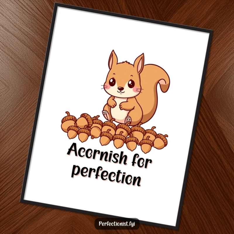 Funny Free Printable Wall Art depicting a precise squirrel meticulously lining up acorns in a perfectly straight row.