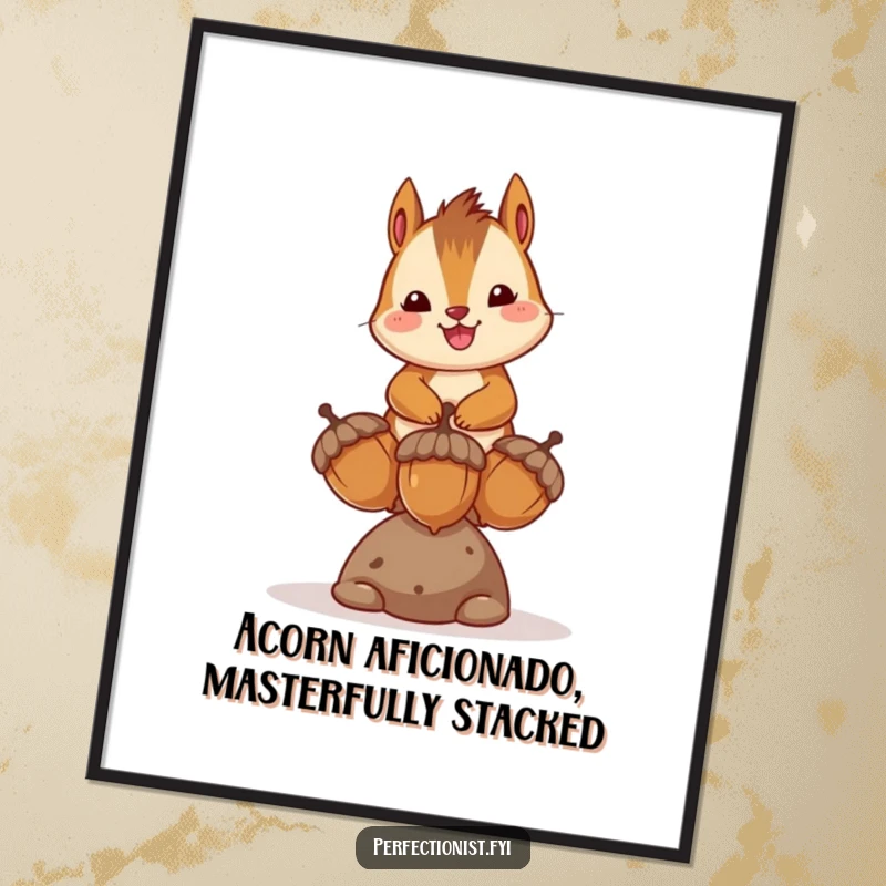 Funny Free Printable Chipmunk Wall Art showing a happy chipmunk balancing three perfect acorns with a cheerful demeanor.