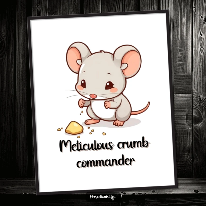 Funny Free Printable Mouse Wall Art showing a tiny mouse meticulously wiping a speck of dust from a crumb.