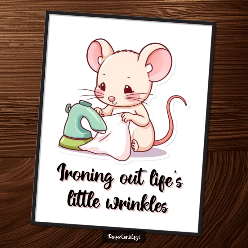 Funny Free Printable Mouse Wall Art: A focused mouse intently ironing a tiny piece of fabric, adding a touch of domestic humor.
