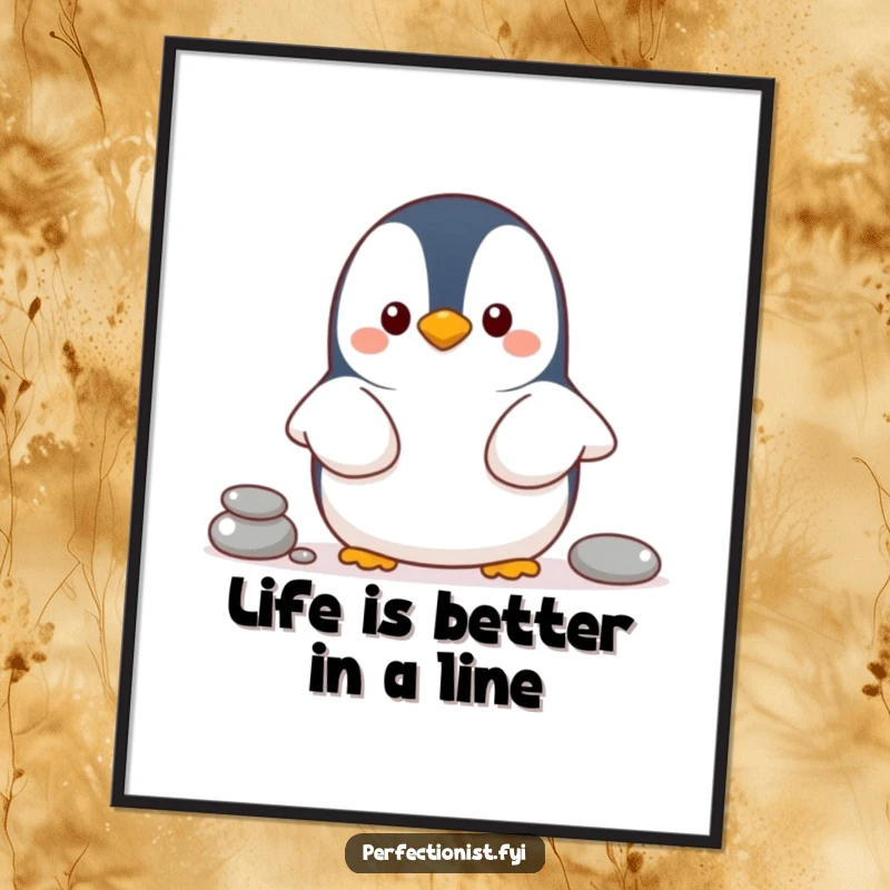 Funny Free Printable Penguin Wall Art: A cheerful penguin carefully organizing pebbles into a perfect line, adding playful order to decor.