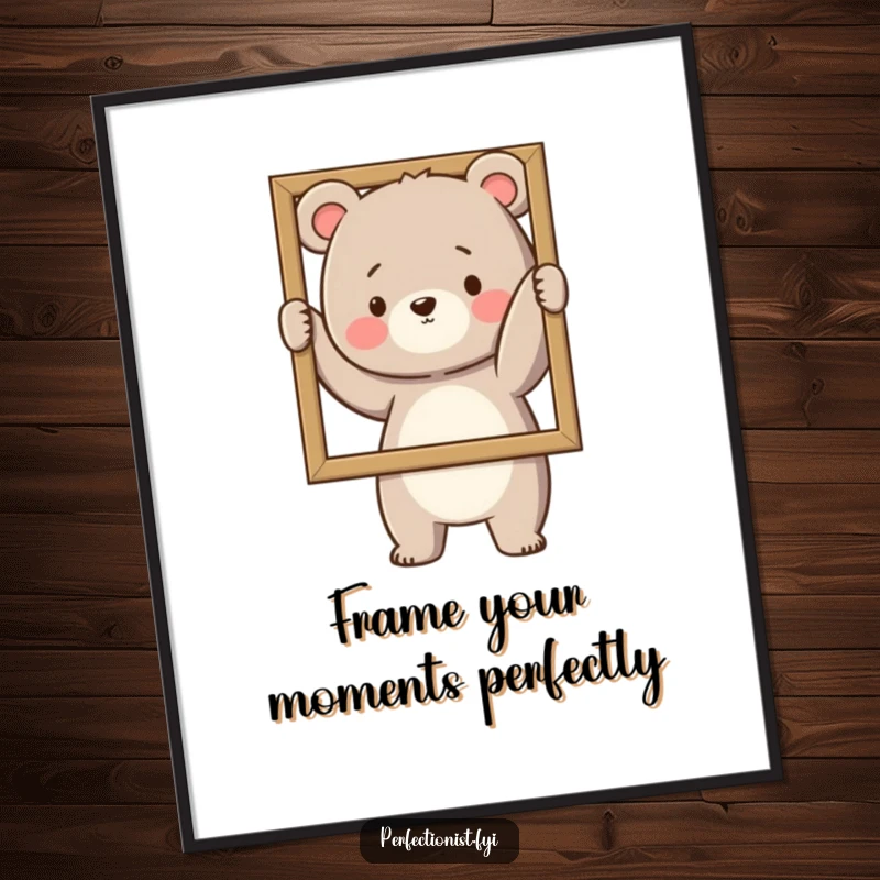 Funny Free Printable Wall Art: A bear character carefully ensures a picture frame is perfectly straight and level on the wall.