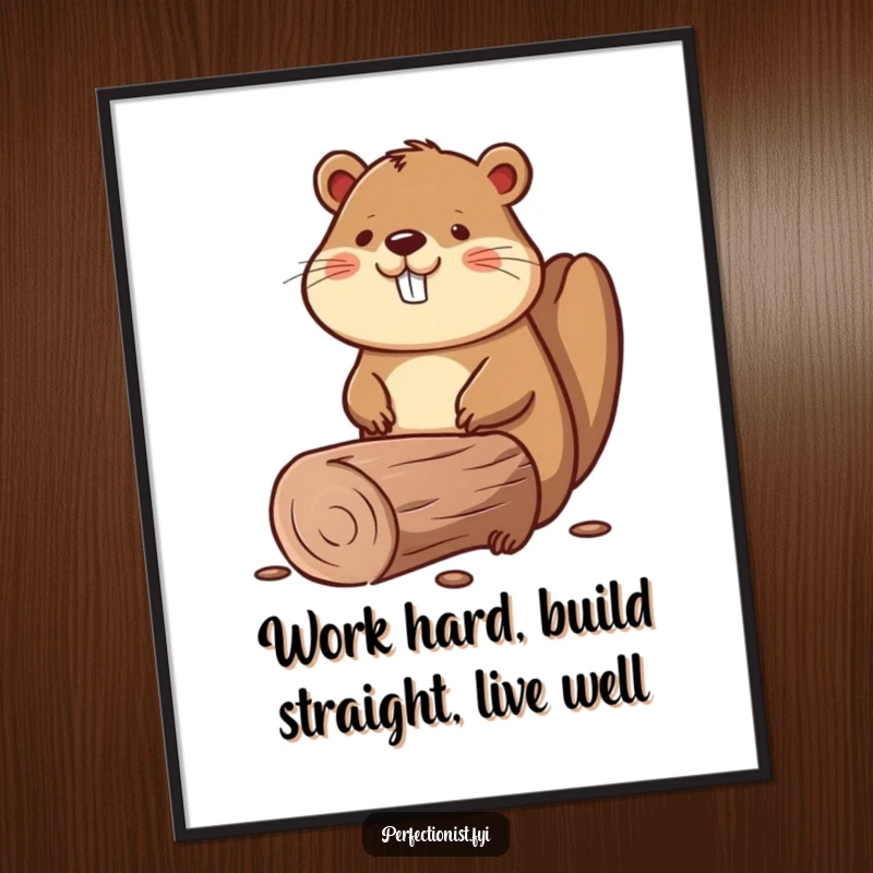 Funny Free Printable Wall Art showing a beaver carefully smoothing a perfectly straight log, a humorous nod to craftsmanship and perfection.