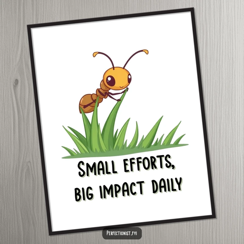 Funny Free Printable Wall Art: A diligent ant meticulously straightens a single blade of grass, adding humorous detail to your space.