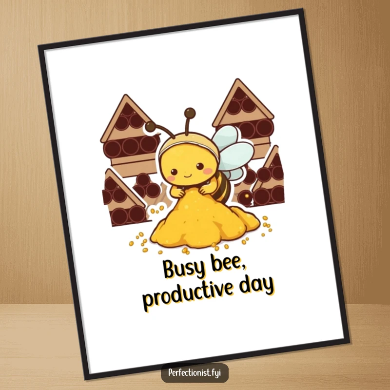 Funny Free Printable Wall Art: Sweet Kawaii Bee focused on organizing piles of golden pollen, creating a neat and cheerful scene.