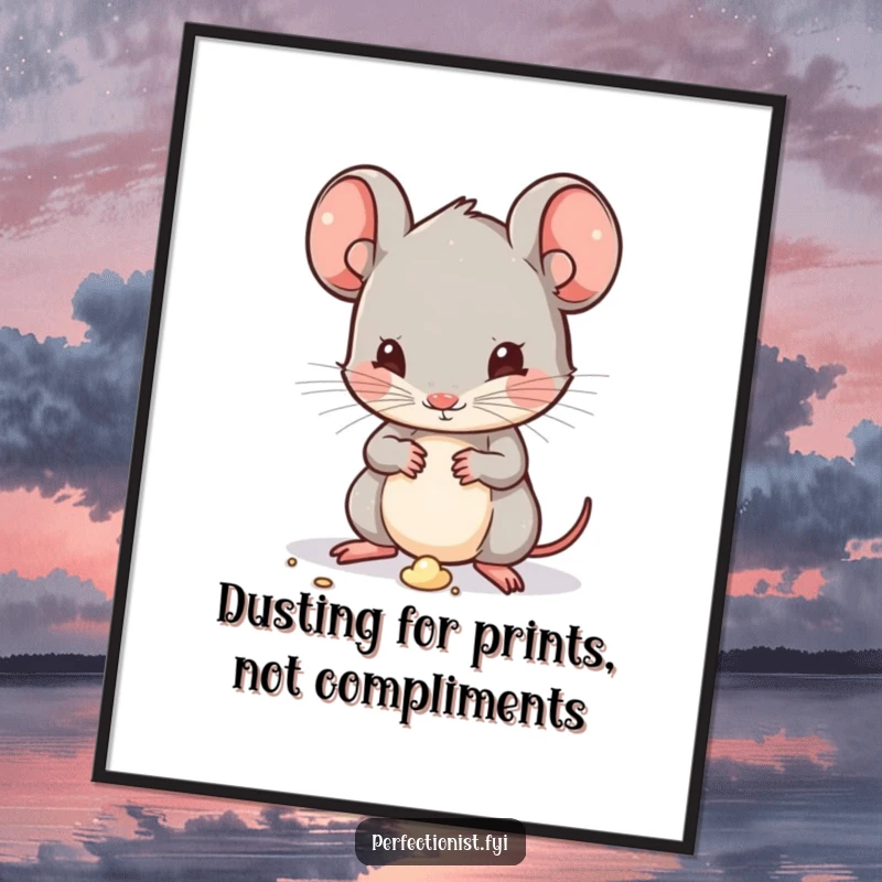 Funny Free Printable Wall Art: Kawaii mouse intently dusting a tiny speck of dirt with a satisfied expression, adding humor to decor.