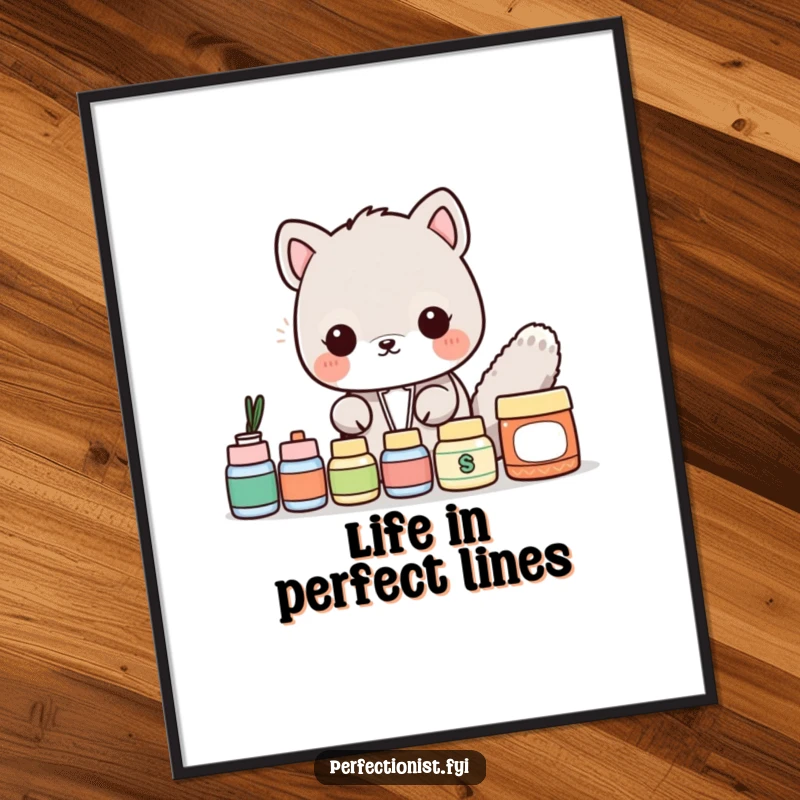Funny Free Printable wall art of a charming animal character precisely arranging items in a neat, straight row.