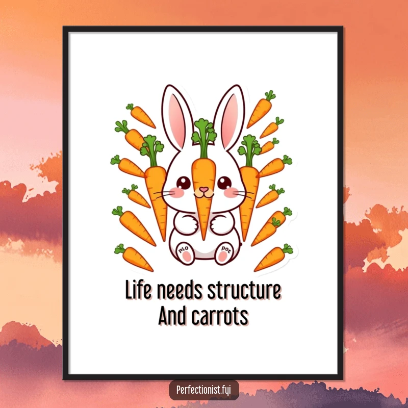 Funny Free Printable Wall Art: A meticulous rabbit carefully aligns carrots, creating a visually pleasing and humorous piece for any room. Instant download.