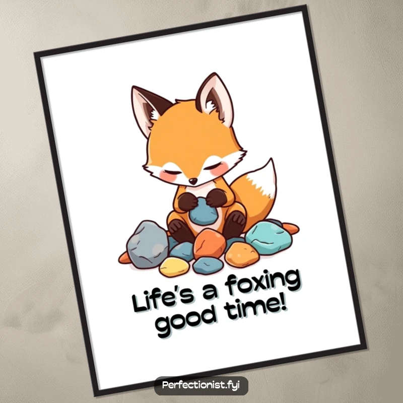 Funny free printable wall art: a playful fox diligently sorting a heap of rocks by their distinct colors and textures, creating art.