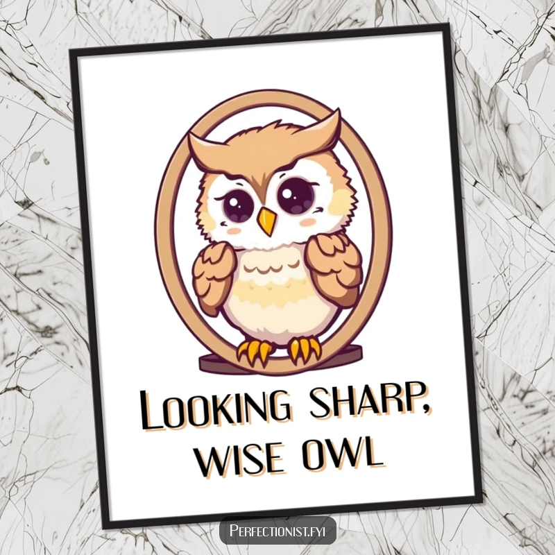 Funny Free Printable Owl Wall Art: A cute owl meticulously arranging its feathers in a mirror, sophisticated downloadable art.