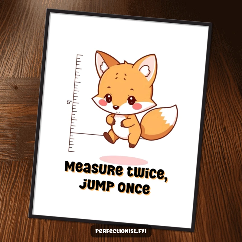 Funny free printable wall art of a meticulous fox character measuring a jump distance with a tape measure, ready for action.