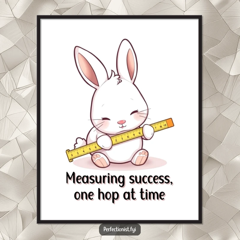 Funny free printable wall art: a focused rabbit using a tiny ruler to measure a carrot with exact precision, adding charm.