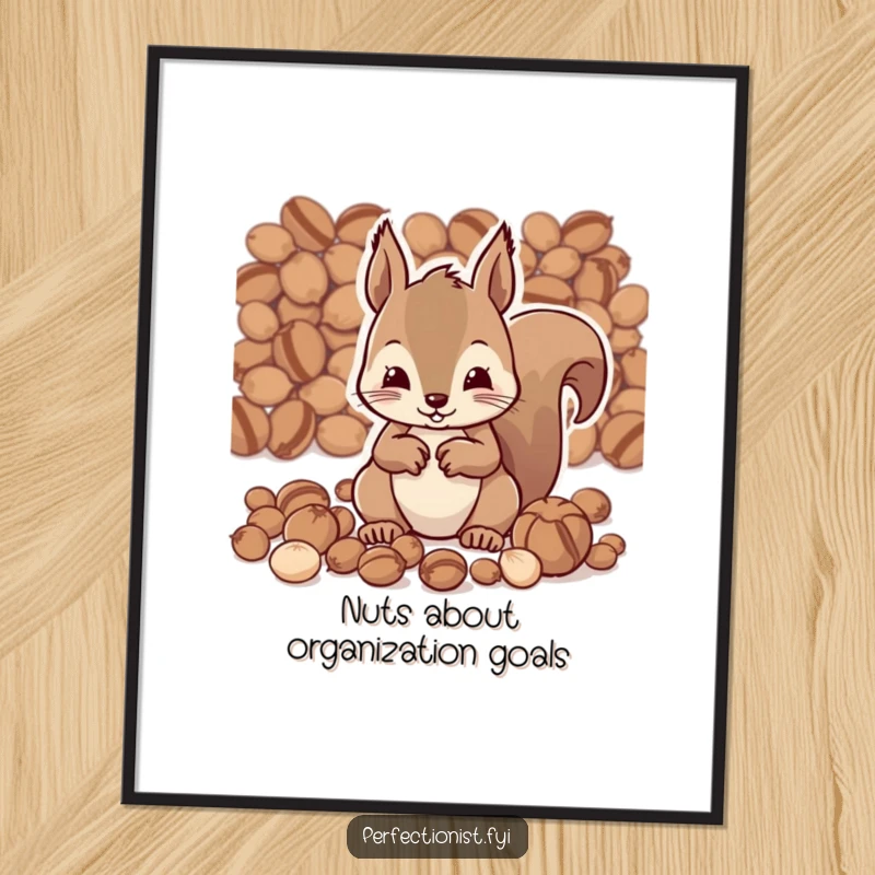 Funny Free Printable Wall Art: Diligent squirrel character meticulously organizing nuts by size, a humorous and quirky piece.
