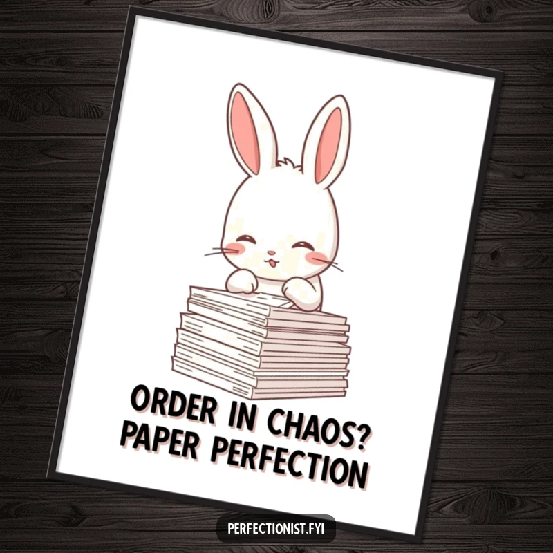 Funny free printable wall art of a meticulous rabbit obsessively straightening a stack of papers, a humorous desk companion.