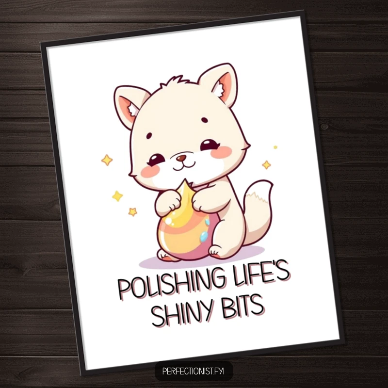 Funny Free Printable wall art depicting an animal character polishing one specific object until it achieves a brilliant shine.