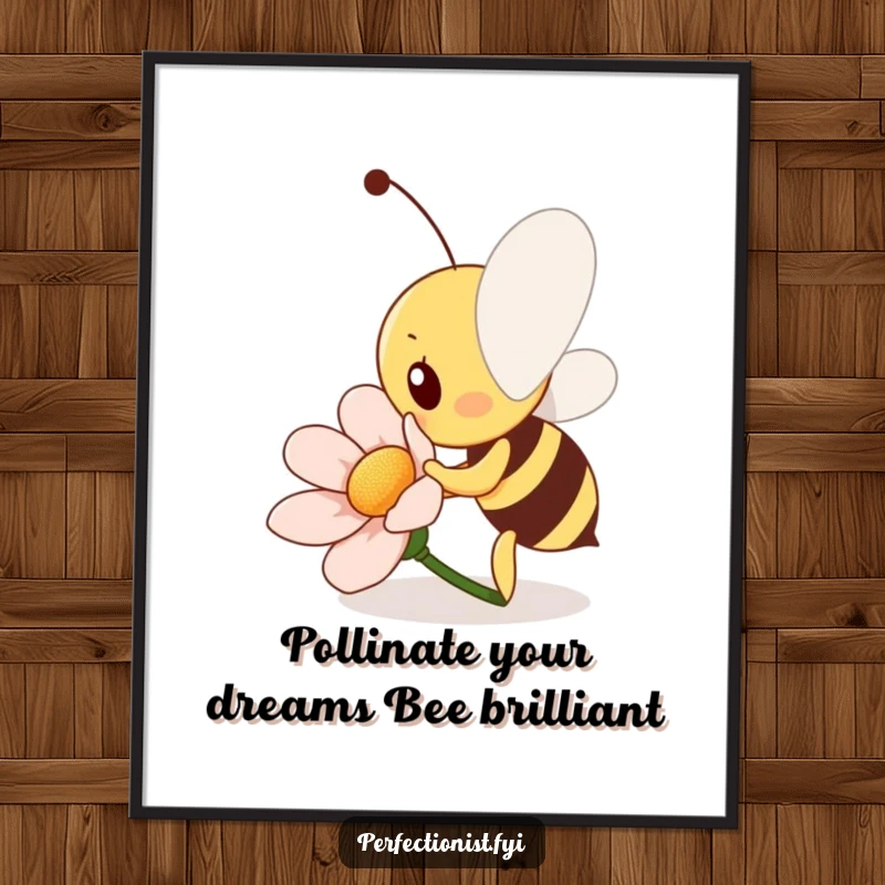 Funny free printable wall art of a diligent bee polishing a single flower petal to a brilliant shine, bringing positivity.