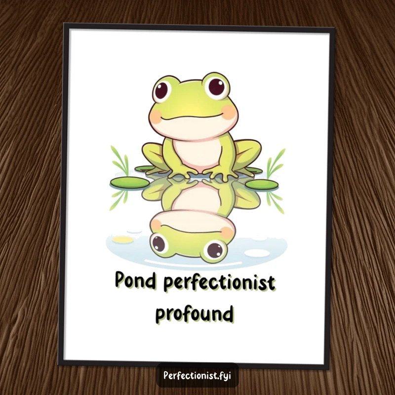 Funny Free Printable Frog Wall Art showing a frog polishing its reflection in a perfectly still, tranquil pond.