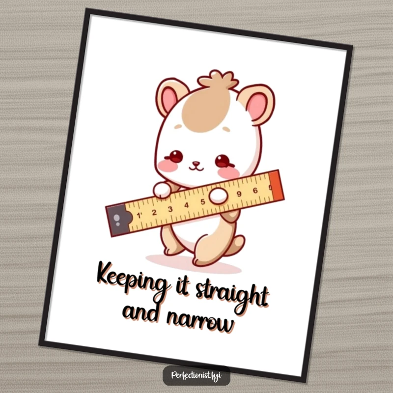 Funny Free Printable wall art depicting a small animal character intently using a ruler to measure a perfectly straight line.