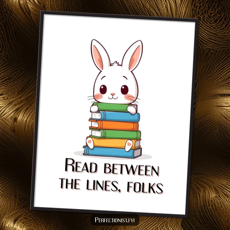 Funny Free Printable Wall Art featuring a meticulous rabbit creating a perfect book stack, bringing tidy humor.