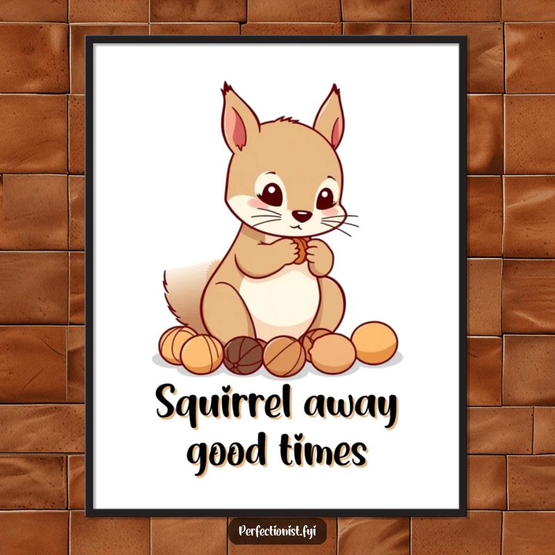 Funny Free Printable Wall Art: A precise squirrel meticulously arranges nuts in a perfect line, creating a humorous and orderly decor piece. Instant download.