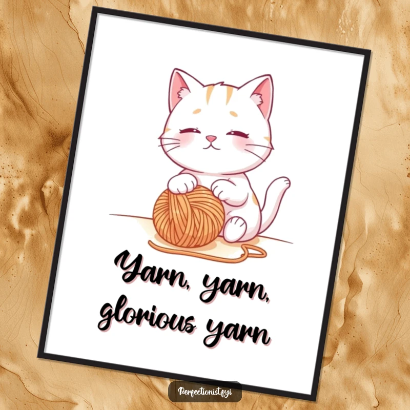 Funny Free Printable Cat Wall Art: A contented cat observing a perfectly placed ball of yarn, adding cozy humor to decor.