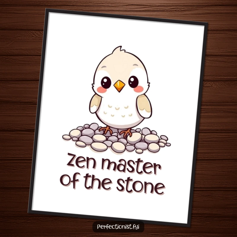 Funny Free Printable Bird Wall Art featuring a bird artistically aligning tiny pebbles, adding quirky charm.