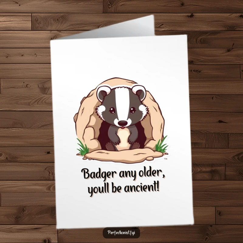 Funny Free Printable Badger Birthday Card: A diligent badger meticulously perfects its burrow entrance, looking very focused.