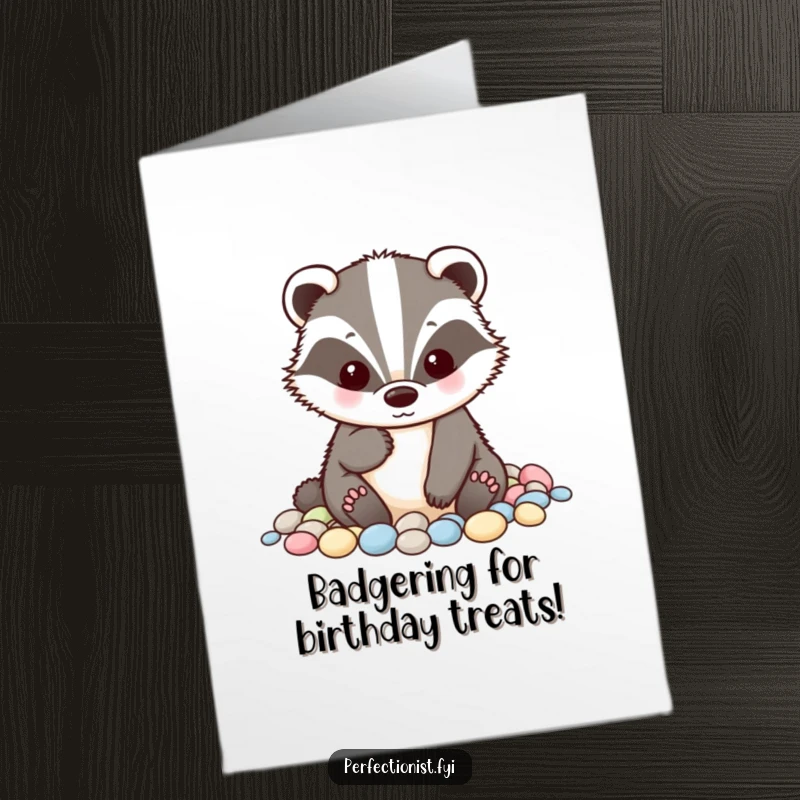 Funny Free Printable Badger Birthday Card: A tidy badger alphabetizing small pebbles, perfect for an organized celebration gift.