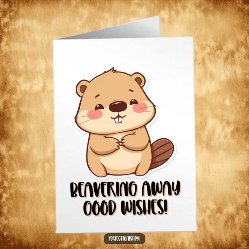 Funny Free Printable Beaver Card: A careful beaver meticulously smoothing a wrinkle on paper, ideal for a unique DIY gift.