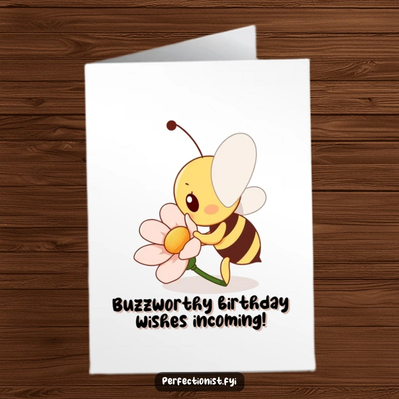 Funny free printable birthday card with a diligent bee polishing a flower petal to a shine, spreading birthday cheer.