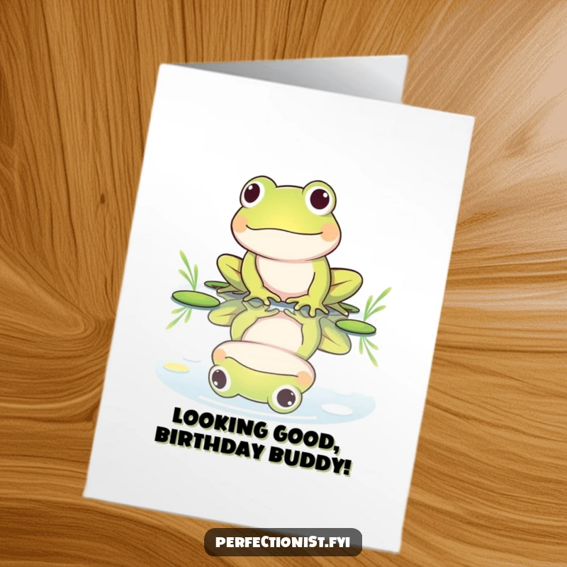 Funny Free Printable Frog Birthday Card: A frog admires its shiny reflection in a still pond on a birthday.