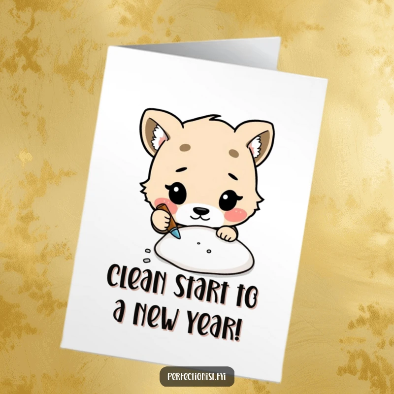 Funny Free Printable Birthday Card featuring a cute animal character meticulously cleaning a tiny speck of dust, a quirky downloadable card.