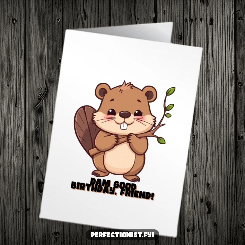 Funny free printable birthday card featuring a determined beaver meticulously smoothing branches with a tool, ready for a perfect party.