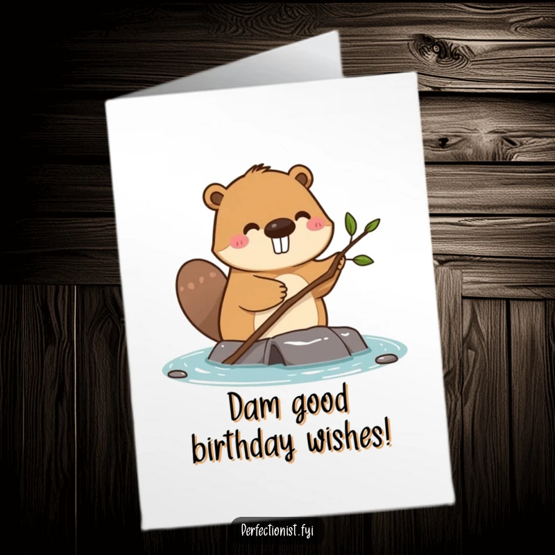 Funny Free Printable Beaver Birthday Card: A happy beaver carefully adjusting a twig on its dam, a charmingly precise card.
