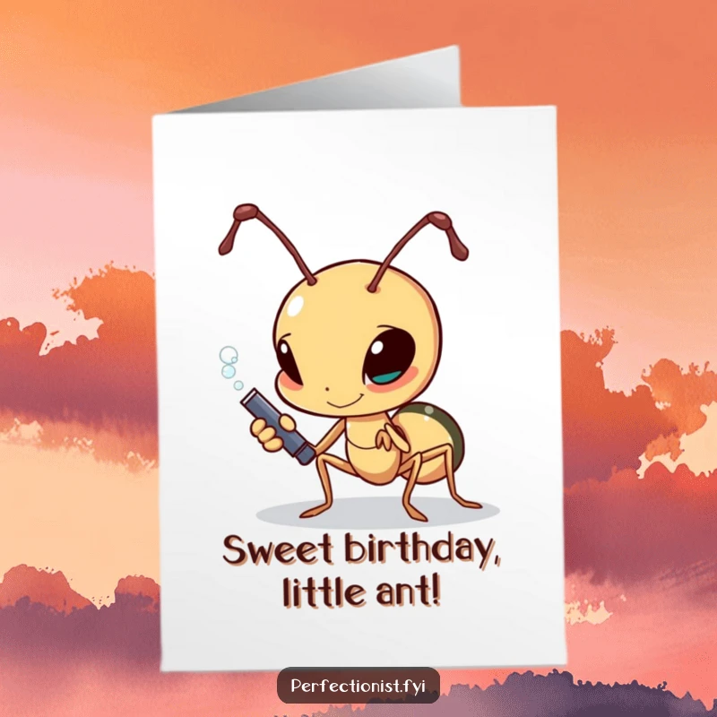 Funny Free Printable Ant Birthday Card: A determined ant meticulously polishing a sugar grain, a sweet and humorous wish.