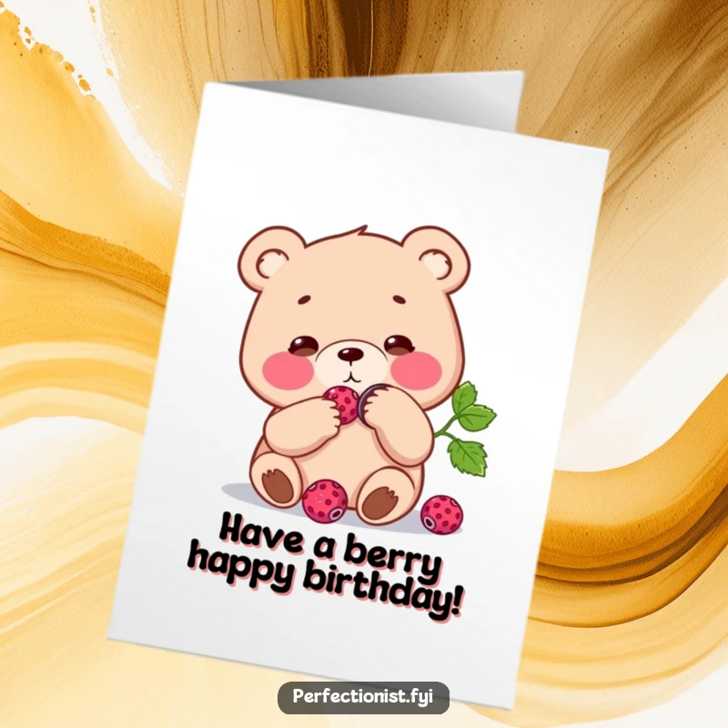 Funny Free Printable Birthday Card: A focused bear meticulously polishes a berry to a shine, celebrating a bright and shiny birthday. Instant download.