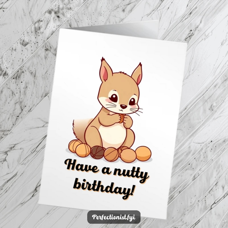 Funny Free Printable Birthday Card: A precise squirrel lines up nuts perfectly, celebrating a perfectly organized and fun birthday. Instant download.