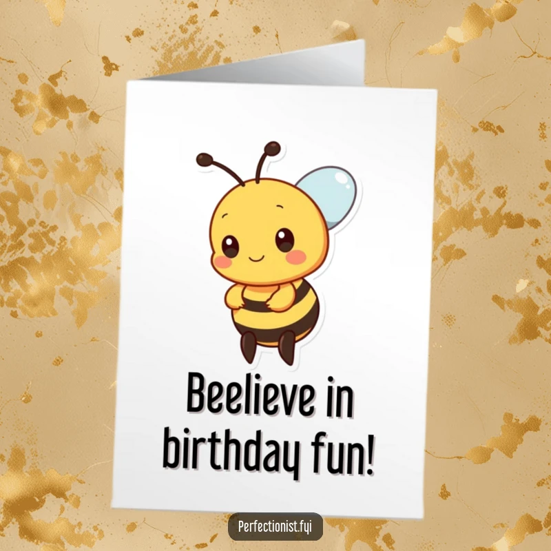 Funny Free Printable Bee Birthday Card: A precise bee meticulously aligning nectar drops on a honeycomb, spreading birthday cheer.