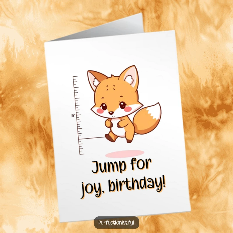 Funny free printable birthday card featuring a fox carefully measuring distance with a tape measure, preparing for a celebratory jump.