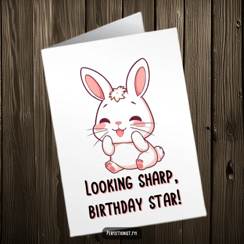 Funny Free Printable Birthday Card: Rabbit meticulously grooming its whiskers with a pleased expression.