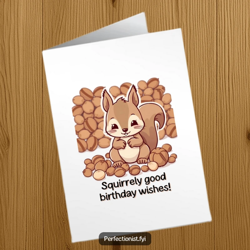 Funny Free Printable Birthday Card: Diligent squirrel character meticulously organizing nuts by size, a humorous and cute design.
