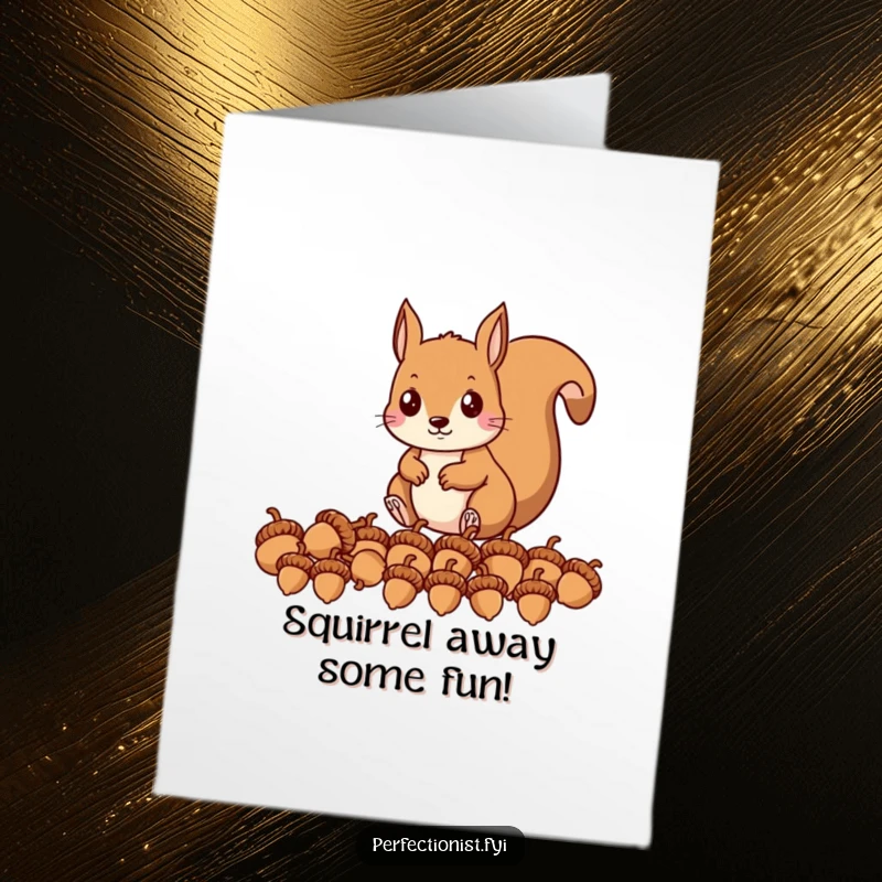 Funny Free Printable Birthday Card featuring a precise squirrel perfectly arranging acorns in a neat row.