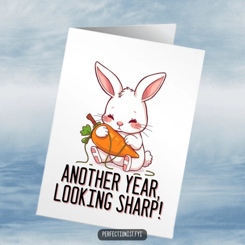Funny Free Printable Birthday Card with a meticulous rabbit plucking threads from a carrot, highlighting attention to detail and humor.