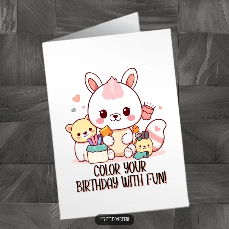 Funny Free Printable Birthday Card showcasing a neat animal meticulously sorting items by color, celebrating order with humor.
