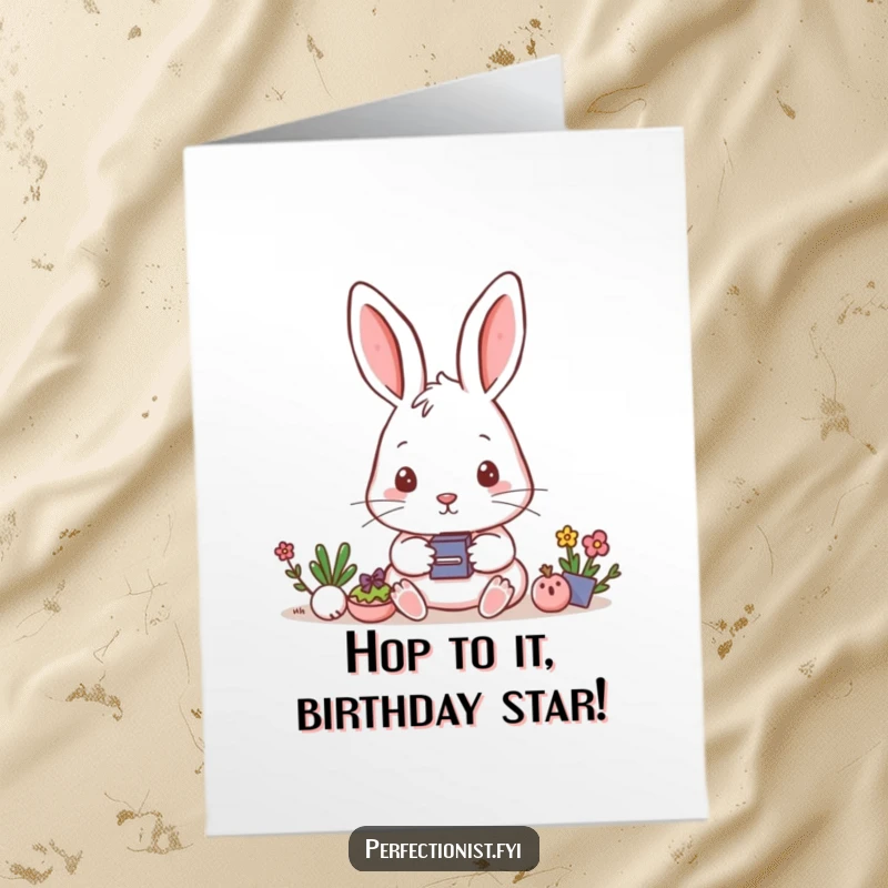 Funny Free Printable Birthday Card: A focused rabbit character carefully aligns small objects into a perfectly straight line.