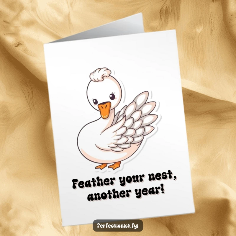 Funny Free Printable Birthday Card featuring an elegant swan meticulously arranging feathers into a perfect pattern, celebrating beauty.