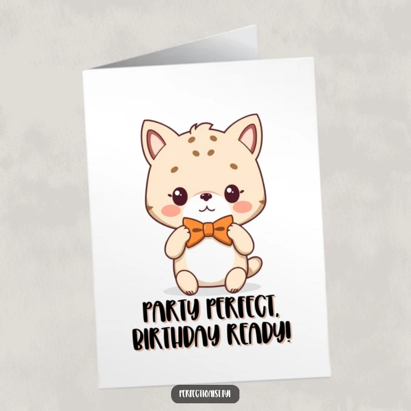 Funny Free Printable Birthday Card: An animal character adjusts its own perfectly symmetrical bowtie, looking sharp and dapper. A downloadable gift.