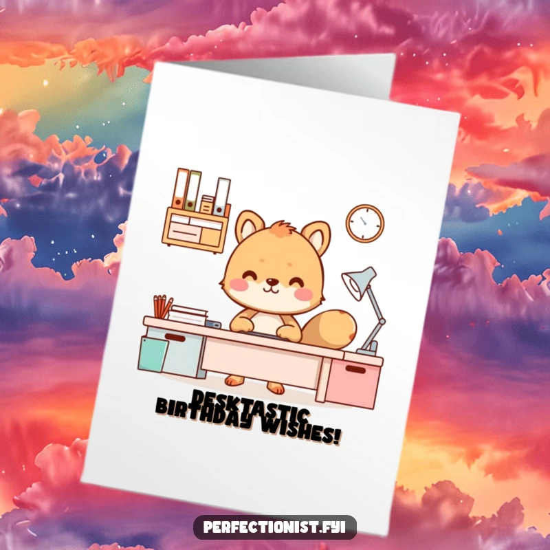 Funny Free Printable Birthday Card: An animal character smiles proudly at a spotless, organized desk, radiating accomplishment. A downloadable gift.