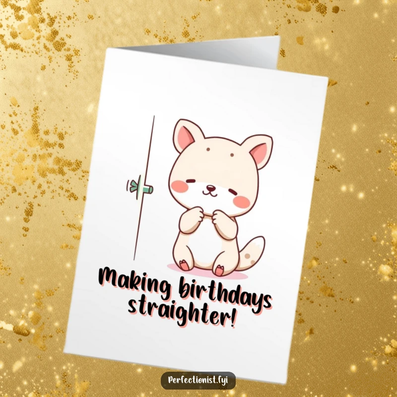 Funny Free Printable Birthday Card: An animal character meticulously adjusts crooked items, bringing order with a smile. A perfect downloadable gift.