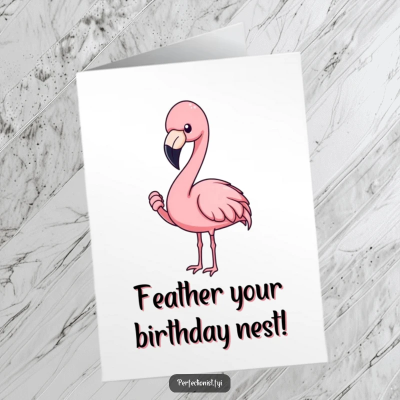 Funny Free Printable Flamingo Birthday Card: A blushing flamingo intensely adjusting a single feather, celebrating with style.